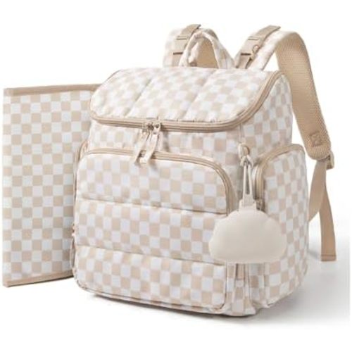 mommore Diaper Bag Backpack, Baby Bag with Waterproof Changing Pad and Stroller Straps for Toddler, Diaper Backpack for Mom Dads with Insulated Pockets & Pacifier Case, Baby Essential, Checkered Khaki