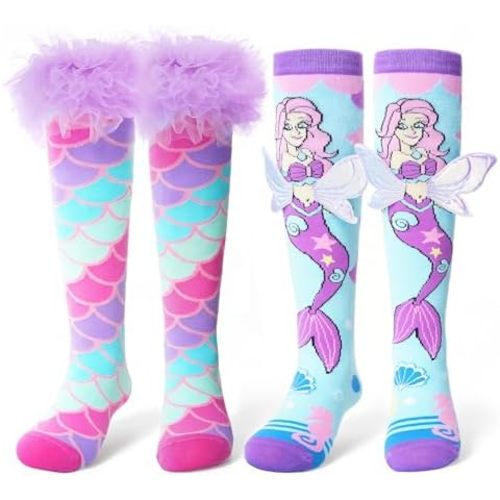 ANTSANG 3D Cute Knee High Socks for Girls Kids, 2 Pairs Funny Crazy Long Boot Tall Cotton Socks, Mismatched Novelty Stocking