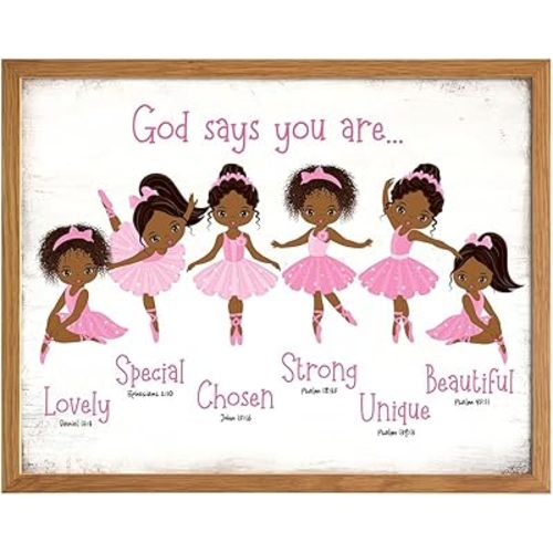 Black Afro African American Girl 11x14 FRAMED - God Says Christian Bible Verses Wall Art, Religious Room Decor, Toddler Little Girls Bedroom Decor, Pink Ballerina Baby Room Decorations, Daughter Gifts