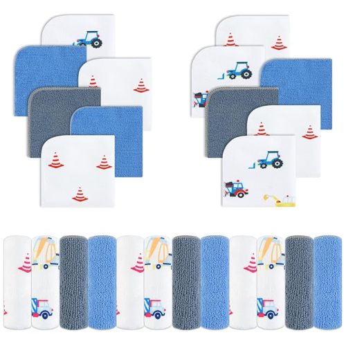Viviland Baby Washcloths, Super Soft Baby Bath Towels for Newborn 24 Pack, Absorbent Face & Body Wash Cloth for Baby Boy, Truck Pattern, 9 x 9 inch