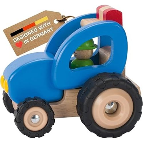 Goki Wooden Tractor Toys for Toddlers 1-3 (Blue) Durable Push Car for Ages 2+ Farm Play Vehicle - Eco-Friendly Wooden Baby Toy - Supports Early Motor Skills - Sustainable Wood Construction