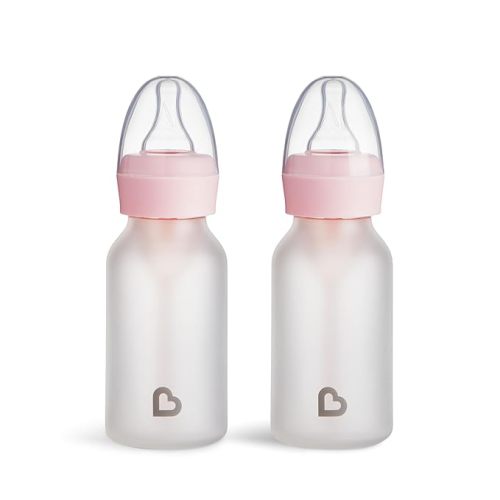 Munchkin Bond Silicone Coated Glass Baby Bottles - Anti-Colic Feeding System with Natural Feel Nipples, 4 Ounce, 2 Pack, Pink