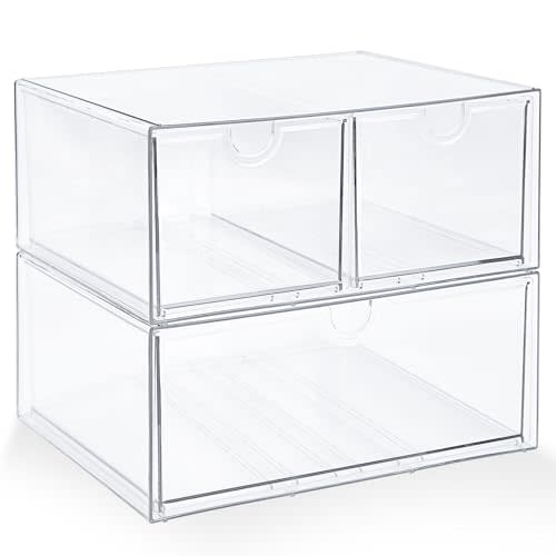 Prsildan Acrylic Drawer Makeup Organizer with 3 Drawers, Clear Stackable Storage for Baby Bottles, Craft, Jewelry & Hair Accessories, Multi-Use for Vanity, Countertop, Office Desk Organization