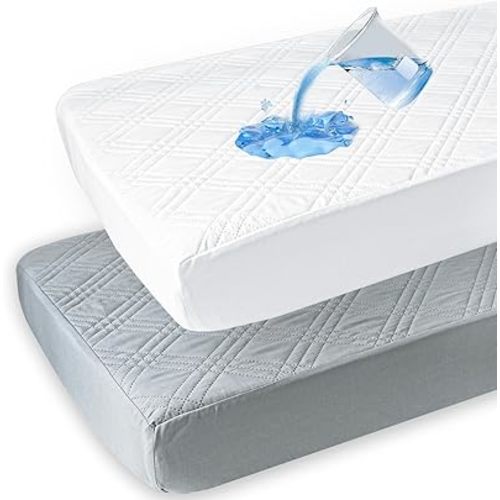 david's kids 2 Pack Waterproof Crib Mattress Protector, Fit Standard Crib and Toddler Mattresses, Ultra Soft and Breathable for Boys Girls Neutral, White & Grey