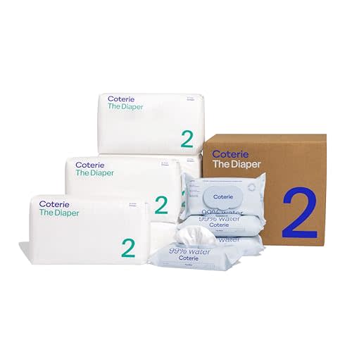 Coterie Baby Diapers + Wipes Baby Kit, Size 2 (10-16 lbs) 186 Count + 4 Wipe Packs (224 Wipes) Made with Plant-Based Fibers, Hypoallergenic, Designed for Sensitive Skin, Clean Ingredients
