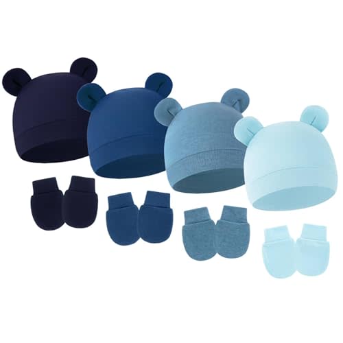 4 Pack Newborn Hats Mittens Set Bear Ears Preemie Hat Infant Hospital Mitten for Baby Boy Girl 0-6 Months