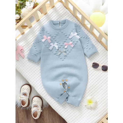 SHEIN 1pc Baby Blue Romper With Sweet Bow Decor, Fashionable Long Sleeve Sweater Jumpsuit Newborn Unisex Warm Clothes Baby Blue Knitted Outfit Newborn Sweater Romper Newborn Baby Girl Clothes Winter Luxury Newborn Outfit Baby Girls Winter Clothes Baby Gir