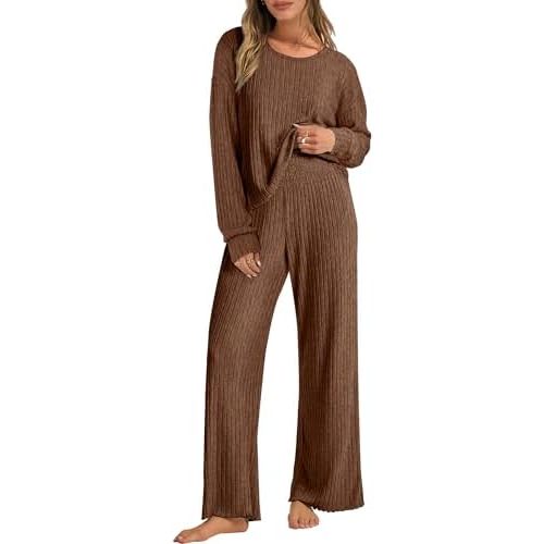 ANRABESS Women 2 Piece Lounge Pajamas Sets Casual Ribbed Knit Long Sleeve Top Pants Matching Set 2025 Fall Outfits Clothes