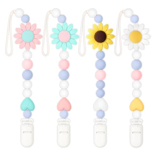 LSTRAGY Silicone Pacifier Clip, 4 Pack Pacifier Holder for Boys and Girls, Adorable Sunflower Pacifier Clips Fits for Most Pacifier, Baby Teethers, Baby Shower and Baby Gift