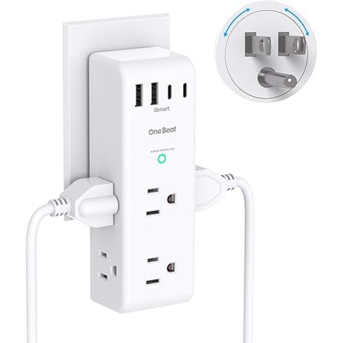 Surge Protector Outlet Extender - with Rotating Plug, 6 AC Multi Plug Outlet with 4 USB Ports (2 USB C), 1800J Wall Charger, 3-Sided Power Strip with Spaced Outlet Splitter for Home, Office, Travel