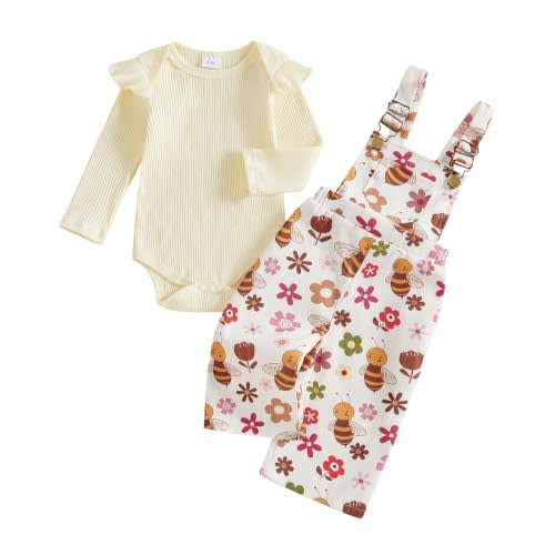 Newborn Baby Girl Fall Outfits Infant Rompers Overalls Pants Set | Western Clothes, Country Clothing, Floral Overalls, Rib Long Sleeve Jumpsuit, Fall Winter 2Pcs Outfit Sets 3 6 9 12 18 Months
