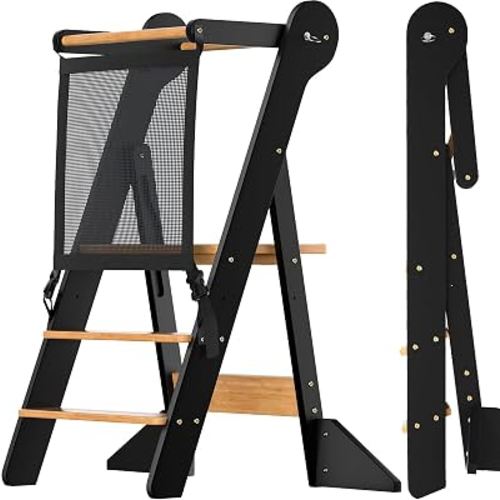 COSYLAND Toddler Standing Tower Foldable Toddler Kitchen Step Stool | Adjustable Height Folding Step Stool for Kids Learning, Cooking - Ages 18 Months-6 Years with Safety Net Natural & Charcoal