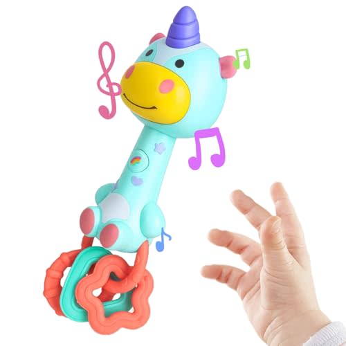 Cute Unicorn Baby Musical Rattle Toy 6-12-18 Months, Light-Up Teether & Sensory Chew Rubber 1st Birthday Gift for 1+ Year Old Boys Girls (Unicorn)