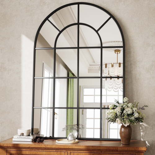 BEAUTYPEAK 36" x 24" Arched Windowpane Mirror Decor Wall Mirror, Black