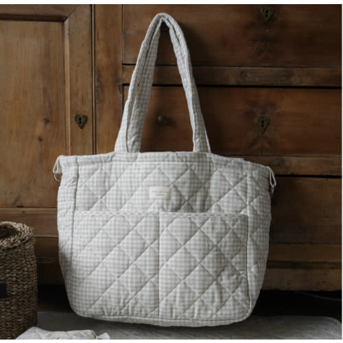 Beige gingham diaper bag