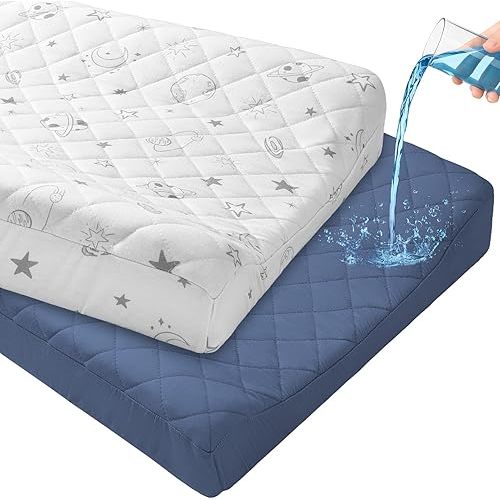 FIOBEE Changing Pad Cover Waterproof 2 Pack Quilted Diaper Change Table Sheets Breathable & Ultra Soft for Newborn Baby Boys Girls Fitted Changer Pads 32"x 16", Blue & Gray