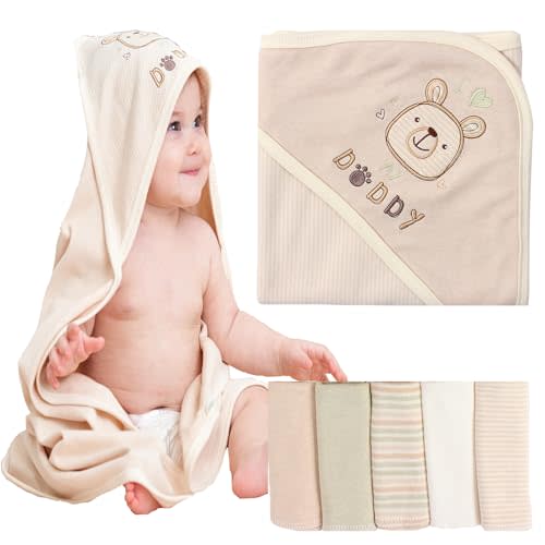 6 Pack Organic Cotton Baby Bath Set, Ultra Soft Embroidered Hooded Towel and 5 Washcloths, Premium Gentle Newborn, Toddlers Gift for Sensitive Skin, Brown 30 x 30 Inch