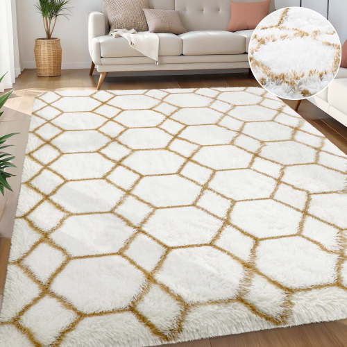 Nefoso Shag Geometric Area Rug, 8ft x 10ft Soft Fluffy Area Rugs for Living Room Bedroom Decor Carpet, White & Camel