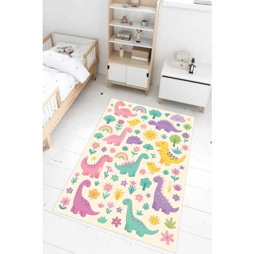 Pastel Dinosaur Kids Rug: Jurassic Nursery Carpet
