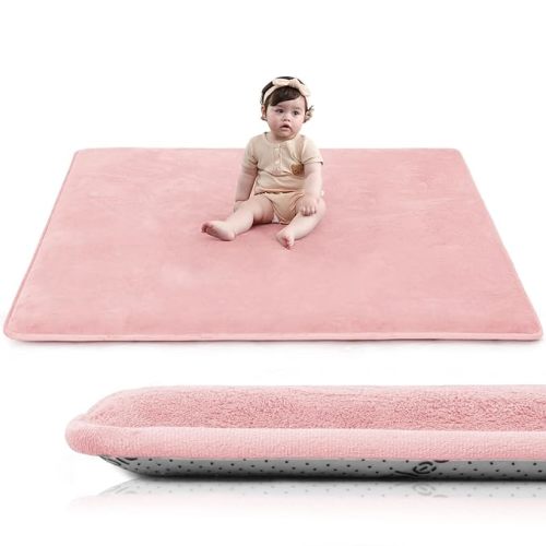 Baby Play Mat for Floor,1.3" Thick Elasti-Foam 50"×50" Playpen Mat for Tummy Time,Water Repellent Soft Coral Velvet for Toddler,Infant,Kids,Non-Slip Backing Safe for Crawling(Pink)