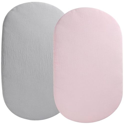 Muslin Bassinet Sheet Compatible with UPPAbaby Bassinet, 2 Pack Cotton Stylish Boho Fitted Bassinet Sheets for Baby Grey & Pink