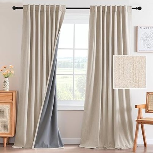 H.VERSAILTEX Upgraded 100% Blackout Curtains 96 Inches Long Back Tab Full Light Blocking Curtain Draperies with Gray Coating for Living Room Thermal Insulated Window Treatment 2 Panels, Bleached Sand