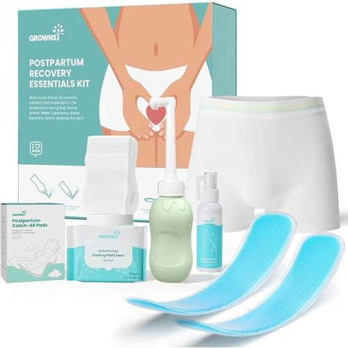 Grownsy 15pc Postpartum Essentials Recovery Kit | Postpartum Kit for Women | Includes 5 Postpartum Pads, 5 Disposable Underwear, 2 Ice Packs, Peri Bottle, Perineal Spray & 28 Cooling Pad Liners