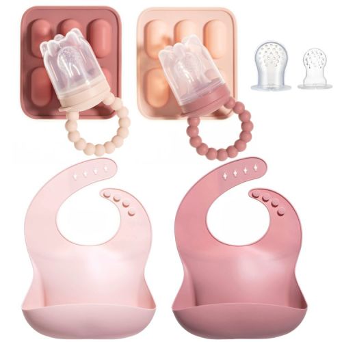 Silicone Baby Fruit Feeders and Baby Bibs Set - First Stage Baby Must-Haves, Gum-Friendly, BPA-Free, Easy to Clean Feeding Accessories for Infants