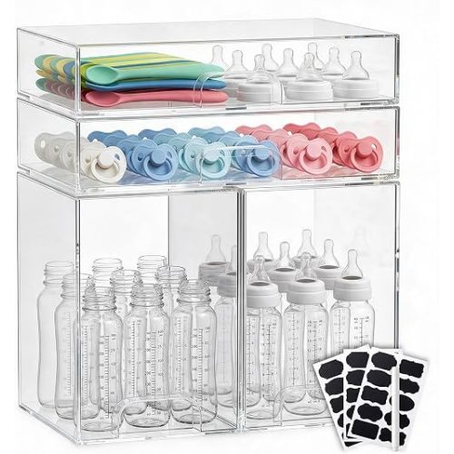 Baby Bottle Organizer Stackable, 4 Pack Clear Stackable Storage Drawers with 3 Stickers & 1 Pen, for Stationery, Cosmetics, Bathroom, Vanity, Countertop & Cabinet ((7.7’’ and 3.4’’Tall)