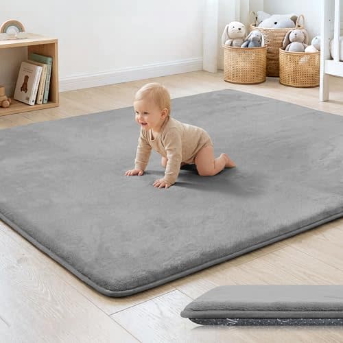 1.3" Thick Baby Floor Play Mat 50x50 Padded Foam Mat, Light Grey | Memory Mat for Baby to Play on Floor Waterproof Easy Care with Non-Slip Tummy Time Play Mat for Nursery Playroom Classroom