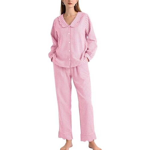 COZYPOIN Womens 100% Cotton Gingham Pajama Set 2 Piece Scalloped Set | Wave Hem Ruffle, Long Sleeve, Plaid Button Down Shirt, Wide Leg Pants, Elastic Waist, Soft Lounge Wear, Cute 2 Piece Outfits