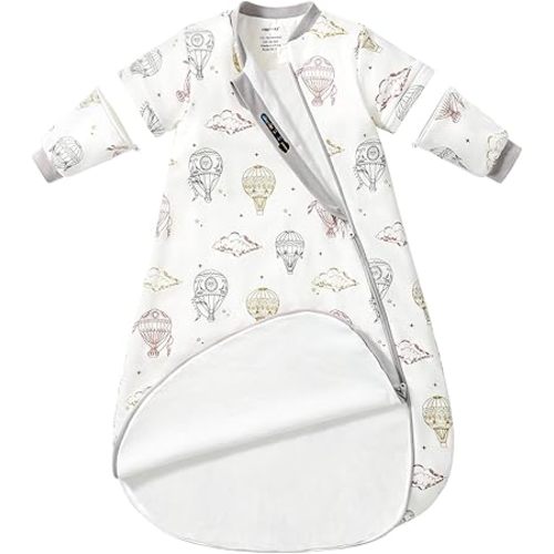 Baby Sleep Sack 3–6 Months, Cotton Sleep Sack with Detachable Long Sleeves, 1.0 TOG Wearable Blanket for Cooler Nights, 2-Way Zipper Toddler Sleeping Sack with Temperature Strip, Hot Air Balloon