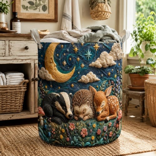 Woodland Animals Quilted Laundry Basket, Sleeping Fox Hedgehog Hamper, Cottagecore Forest Laundry Bin, Personalized Fabric Storage Basket