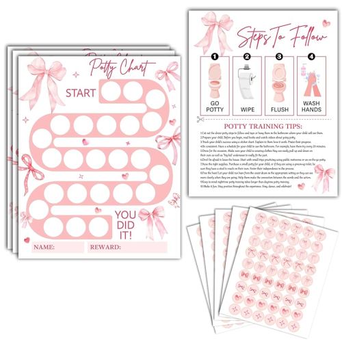 Potty Training Chart, 10 Potty Training Reward Chart for Toilet Success, 8"x10" Pink Bow Routine Calendar with Stickers for Toddler Girls - A08
