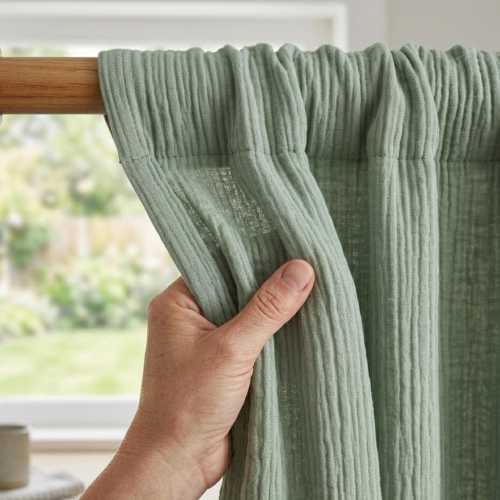 Sage Green Organic Cotton Gauze Curtains, Crinkle Muslin Light Filtering Boho Drapes