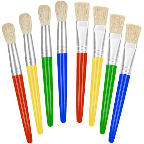 Foeses Paint Brushes for Kids, 8 Pcs Washable Chubby Toddler Brushes, Round and Flat Hog Bristles