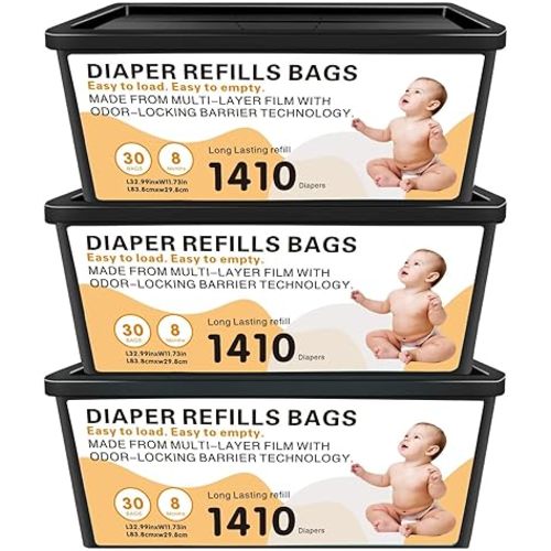 Diaper Pail Easy Roll Refill Bags, Compatible with Genie Easy Roll Signature and Platinum Pails, Each 30 Bags Holds Up to 1410 Newborn Diapers, 7-Layer Odor-Barrier Technology, 3 Pack (90 Bags)