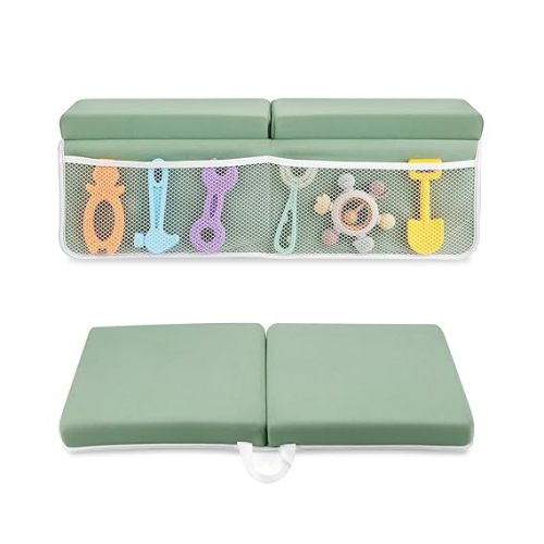 PandaEar Baby Bath Kneeler & Elbow Rest Pad, Comfortable Non-Slip Kneeling Mat Cushion with Toy Organizer Storage Pockets, Foldable Foam Mat for Toddler Bathroom Bathing Time (Green)