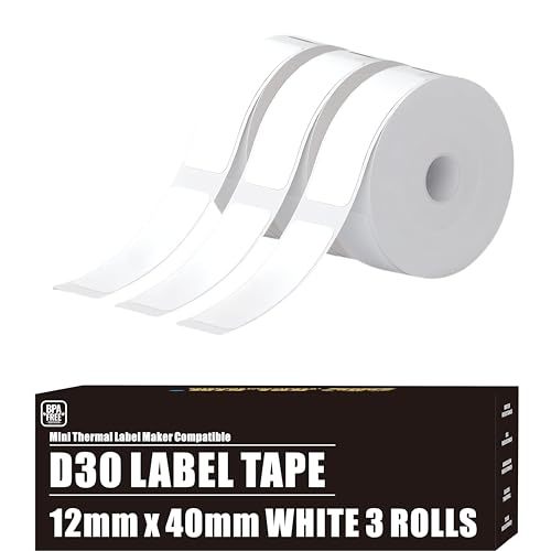 D30 Labels Compatible for Phomemo Labels D30 Label Tape for Printmaster Print Master D30 Q30 Smart Mini Label Maker Refill for Phomemo Label D30 Label Maker Tape White 12x40 mm 0.47" x 1.57" 3 Rolls