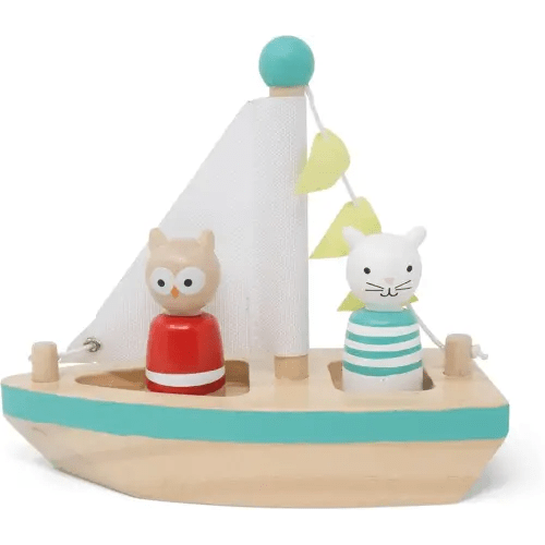 Boats and Buddies- Owl and Pussycat by Jack Rabbit Creations- 3 Piece Wooden Floating Bath Toys- Includes 2 Removable Play Figures- Water Table, Sink and Bathtub Fun for Toddlers 3+