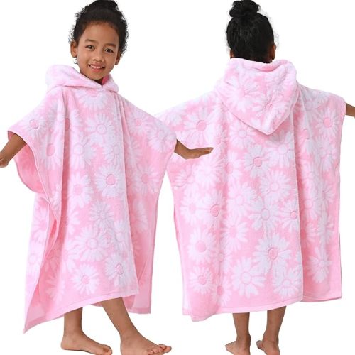 VOOVA & MOVAS Thick Hooded Bath Towel Poncho for Kids (4-8Years) - Soft, Absorbent Turkish Cotton Swim Towel Robe, Perfect for Bathroom | Pool | Swim, Jacquard, Pink with White Daisy Theme
