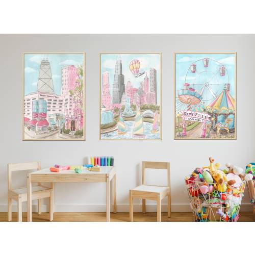 Chicago Art Personalized, Chicago Theme Watercolor Nursery Prints, Tween Girl Room Travel Artwork, Playroom Wall Art, Water Tower, Navy Pier