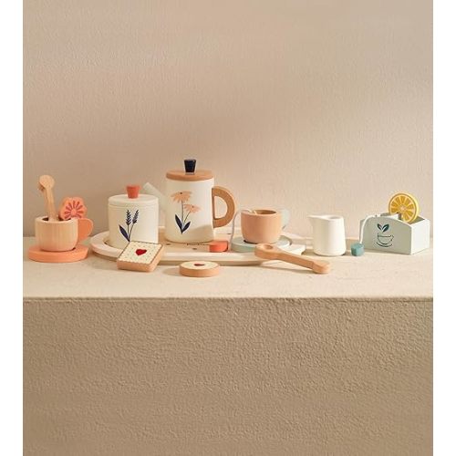 PairPear Wooden Tea Set for Kids, 19 Pieces Pretend Play Tea Party Set Play Kitchen Accessories for Kids Girls and Boys 3+, Toddler Princess Tea Time Party Food Toys