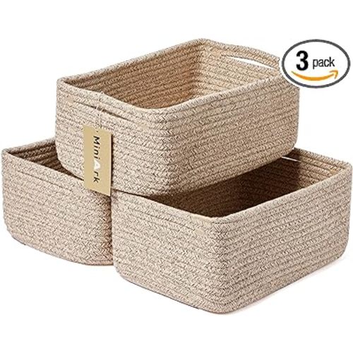 MiniArk Small Storage Baskets for Organizing | Closet Organizer Bins | Shelf Toy Basket | Woven Rope Baskets | Cube Decorative Box | Shallow Basket | 13x8.5x5.1” | 3 Packs Mixed Brown