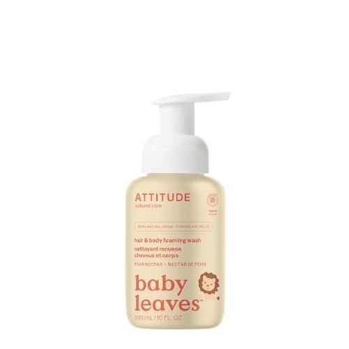 ATTITUDE 2-in-1 Hair and Body Foaming Baby Wash, EWG Verified Shampoo Soap, Dermatologically Tested, Made with Naturally Derived Ingredients, Vegan, Unscented, 10 Fl Oz