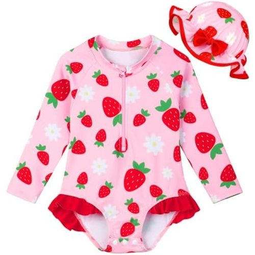 Infant Baby Girl Swimsuit Long Sleeve Rash Guard One Piece Swimwear with Hat Ruffle Bathing Suit with Zipper