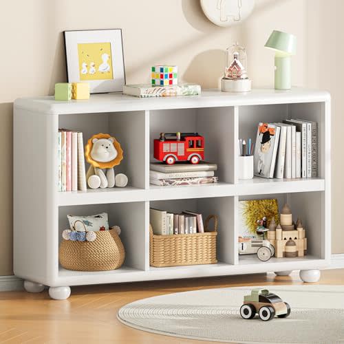 ONBRILL Wooden Bookcase with 6 Cube Storage, Kids Bookshelf with Sphere Foot, Sturdy Toy Storage Organizer, Safe Rounded Corners Bookcase for Living Room, Playroom, Nursery (White)