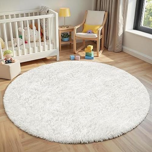 White Round Fluffy Rug 6ft,Soft Bedroom Circle Rugs Mats for Kids Girls Nursery Room,Washable Plush Shaggy Indoor Non Slip Rug for Bedside Living Room Bedroom Circular Carpet,Home Decor Aesthetic
