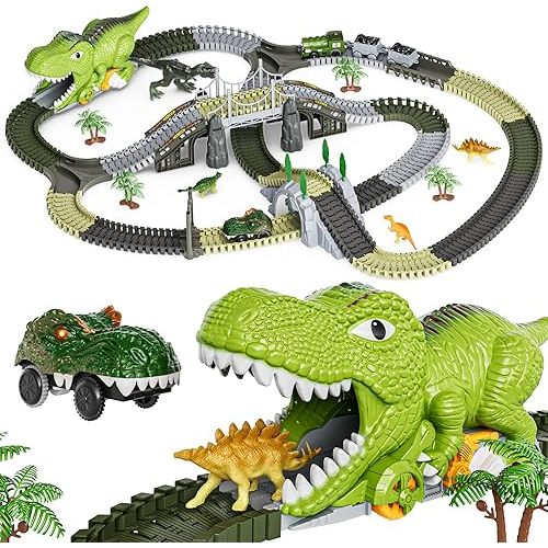 TUMAMA 281 Pcs Dinosaur Race Track Train Set Toys for Kids 3-5 5-7 | Dinosaur Toys Train Set, Flexible Train Tracks with 4 Dinosaurs Figures, 2 Electric Race Cars with Light