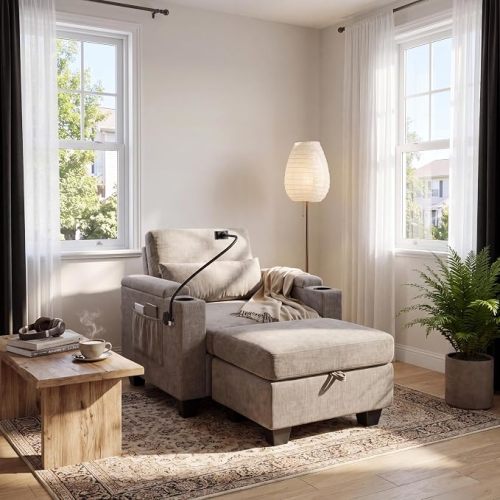 ERYE Accent Chair and Storage Ottoman Set, Versatile Single Chaise Lounger Convertible Sleeper Chair Bed W/Reclining Backrest, Storage Armrests, Phone Stand, Cupholders, USB-C Ports